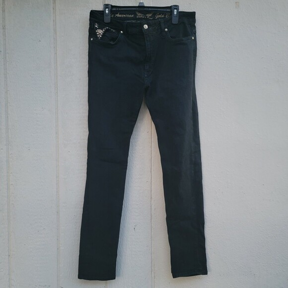 Robins jeans black embroidered wing with embellished flap pockets Mens sz 36